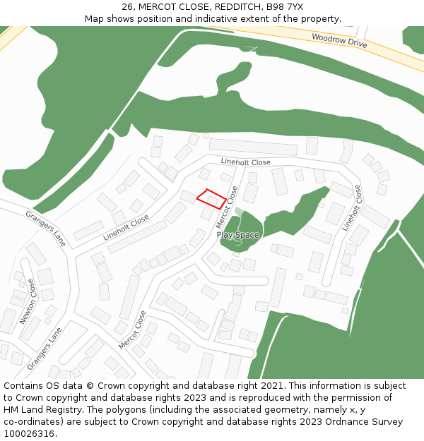 26, MERCOT CLOSE, REDDITCH, B98 7YX: Location map and indicative extent of plot