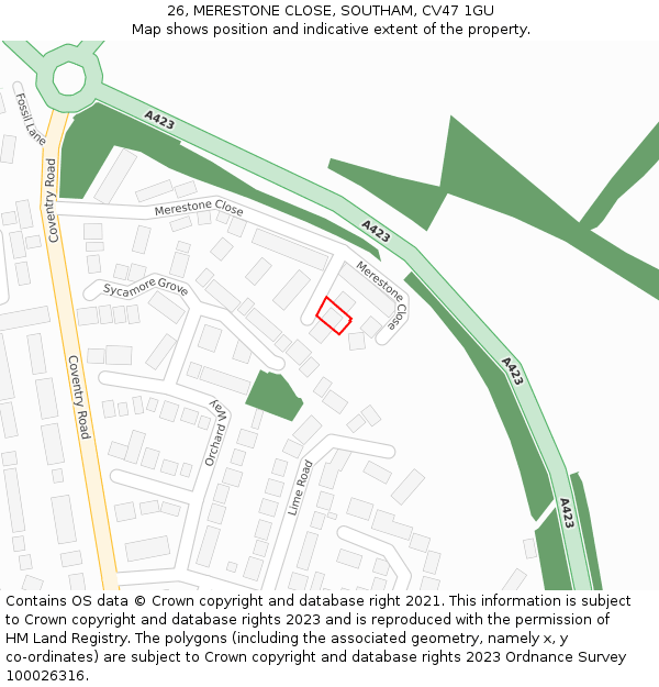 26, MERESTONE CLOSE, SOUTHAM, CV47 1GU: Location map and indicative extent of plot