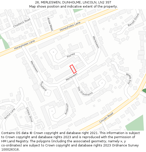26, MERLESWEN, DUNHOLME, LINCOLN, LN2 3ST: Location map and indicative extent of plot
