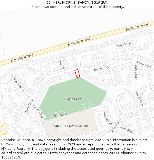 26, MERLIN DRIVE, SANDY, SG19 2UN: Location map and indicative extent of plot