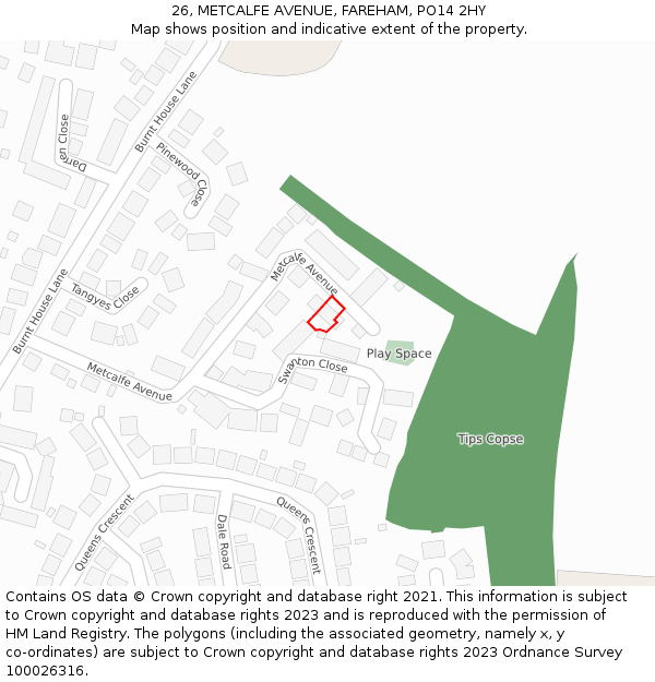 26, METCALFE AVENUE, FAREHAM, PO14 2HY: Location map and indicative extent of plot