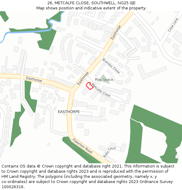 26, METCALFE CLOSE, SOUTHWELL, NG25 0JE: Location map and indicative extent of plot