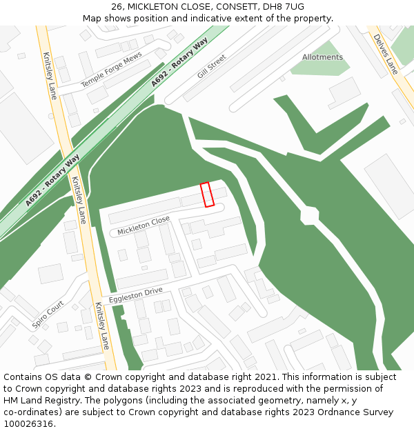 26, MICKLETON CLOSE, CONSETT, DH8 7UG: Location map and indicative extent of plot