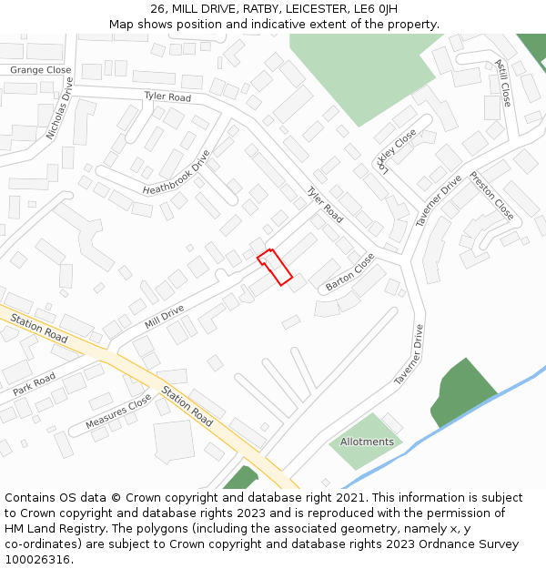 26, MILL DRIVE, RATBY, LEICESTER, LE6 0JH: Location map and indicative extent of plot