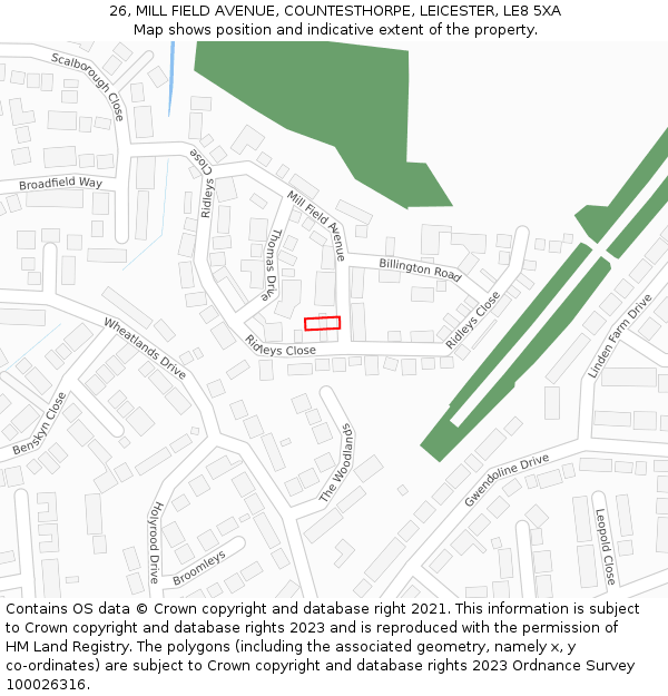 26, MILL FIELD AVENUE, COUNTESTHORPE, LEICESTER, LE8 5XA: Location map and indicative extent of plot