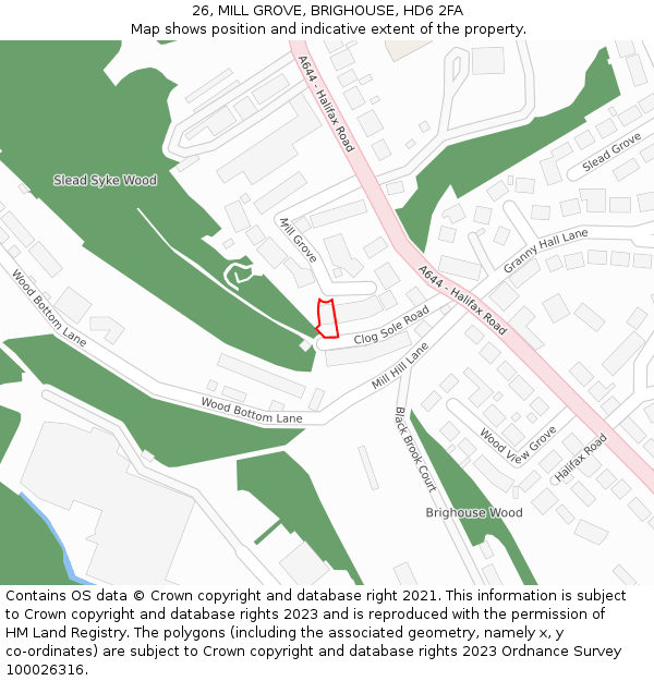 26, MILL GROVE, BRIGHOUSE, HD6 2FA: Location map and indicative extent of plot