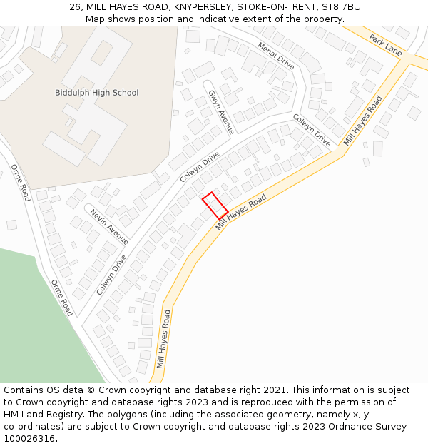 26, MILL HAYES ROAD, KNYPERSLEY, STOKE-ON-TRENT, ST8 7BU: Location map and indicative extent of plot