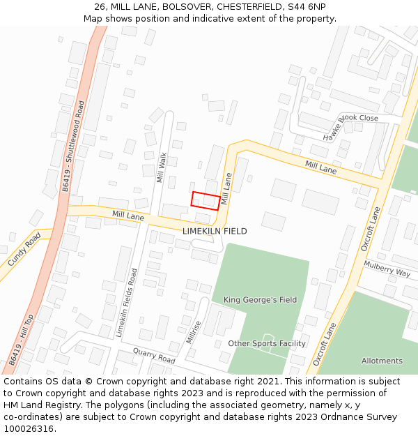 26, MILL LANE, BOLSOVER, CHESTERFIELD, S44 6NP: Location map and indicative extent of plot