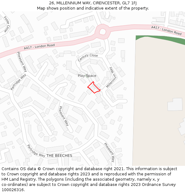 26, MILLENNIUM WAY, CIRENCESTER, GL7 1FJ: Location map and indicative extent of plot