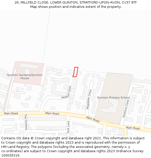 26, MILLFIELD CLOSE, LOWER QUINTON, STRATFORD-UPON-AVON, CV37 8TF: Location map and indicative extent of plot