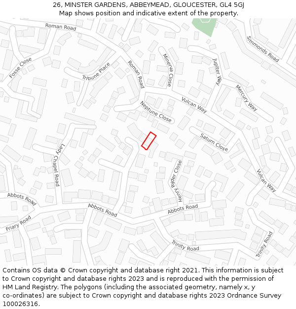 26, MINSTER GARDENS, ABBEYMEAD, GLOUCESTER, GL4 5GJ: Location map and indicative extent of plot