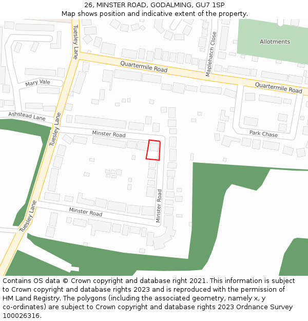 26, MINSTER ROAD, GODALMING, GU7 1SP: Location map and indicative extent of plot