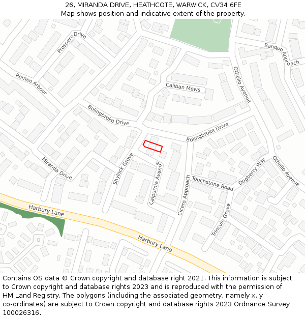 26, MIRANDA DRIVE, HEATHCOTE, WARWICK, CV34 6FE: Location map and indicative extent of plot