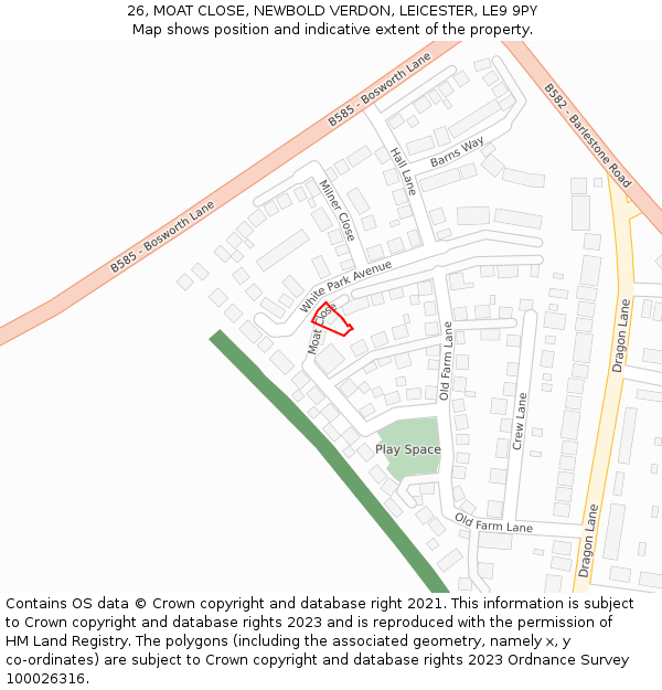 26, MOAT CLOSE, NEWBOLD VERDON, LEICESTER, LE9 9PY: Location map and indicative extent of plot