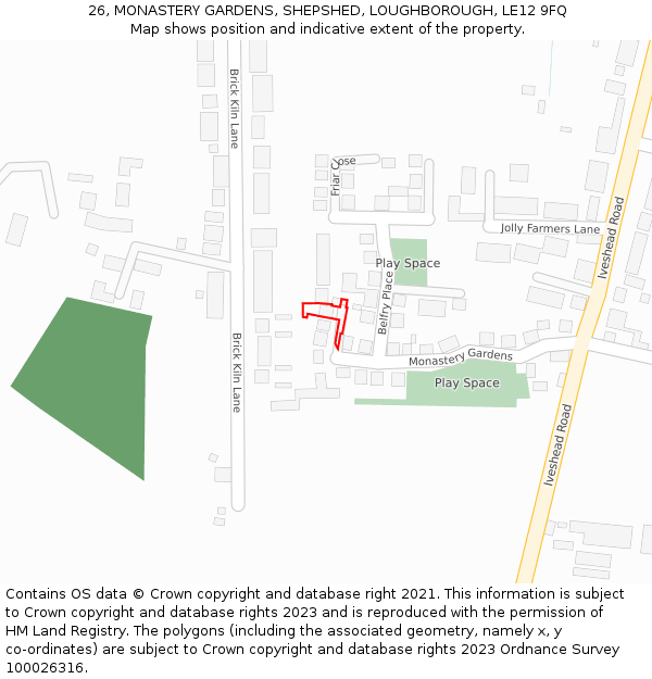 26, MONASTERY GARDENS, SHEPSHED, LOUGHBOROUGH, LE12 9FQ: Location map and indicative extent of plot
