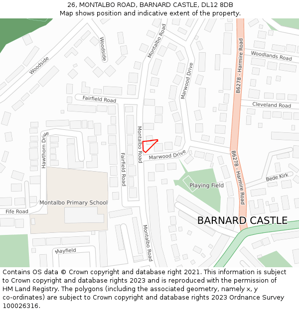 26, MONTALBO ROAD, BARNARD CASTLE, DL12 8DB: Location map and indicative extent of plot