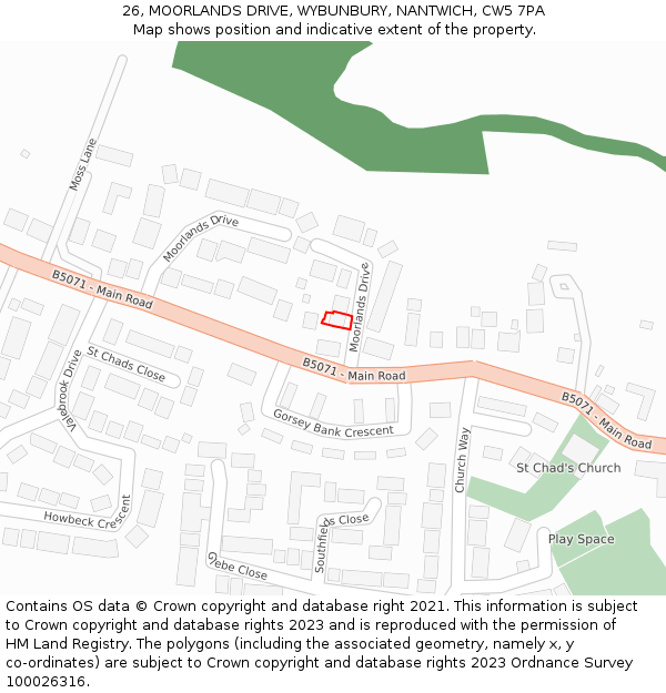 26, MOORLANDS DRIVE, WYBUNBURY, NANTWICH, CW5 7PA: Location map and indicative extent of plot