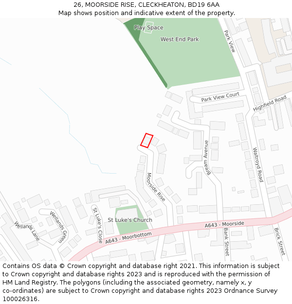 26, MOORSIDE RISE, CLECKHEATON, BD19 6AA: Location map and indicative extent of plot