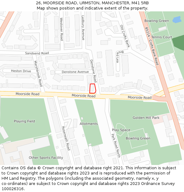 26, MOORSIDE ROAD, URMSTON, MANCHESTER, M41 5RB: Location map and indicative extent of plot