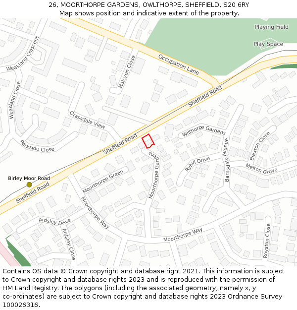 26, MOORTHORPE GARDENS, OWLTHORPE, SHEFFIELD, S20 6RY: Location map and indicative extent of plot