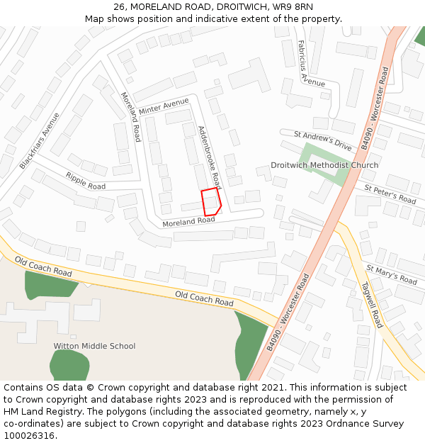 26, MORELAND ROAD, DROITWICH, WR9 8RN: Location map and indicative extent of plot