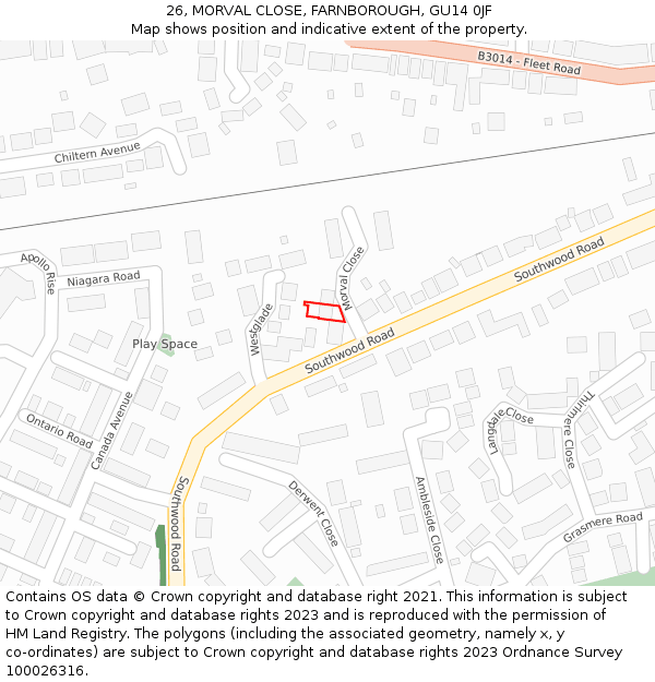 26, MORVAL CLOSE, FARNBOROUGH, GU14 0JF: Location map and indicative extent of plot