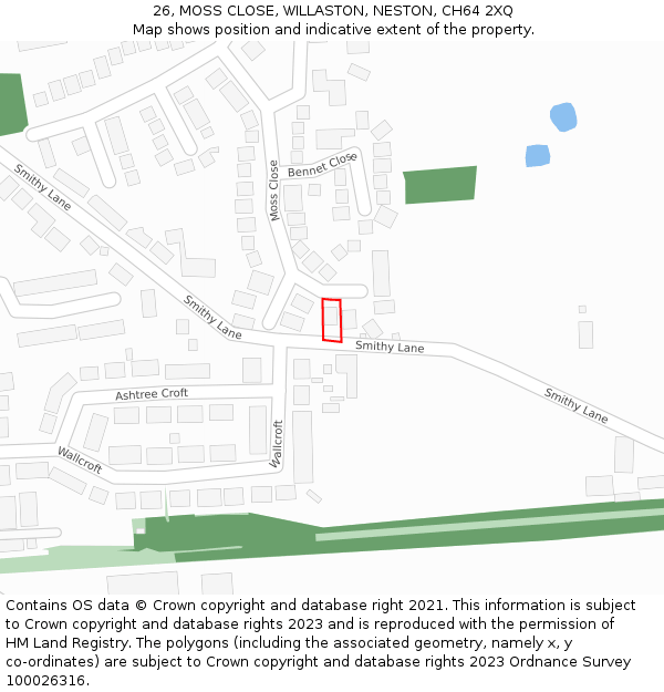 26, MOSS CLOSE, WILLASTON, NESTON, CH64 2XQ: Location map and indicative extent of plot