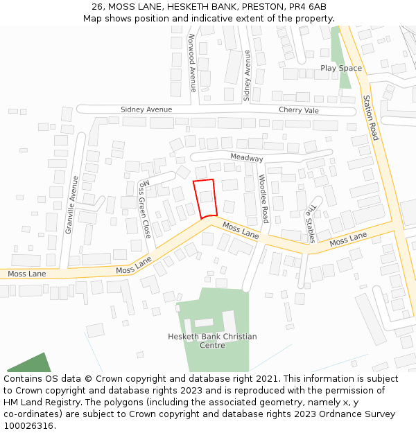 26, MOSS LANE, HESKETH BANK, PRESTON, PR4 6AB: Location map and indicative extent of plot