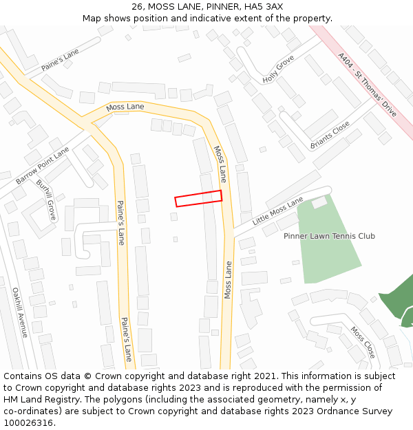 26, MOSS LANE, PINNER, HA5 3AX: Location map and indicative extent of plot