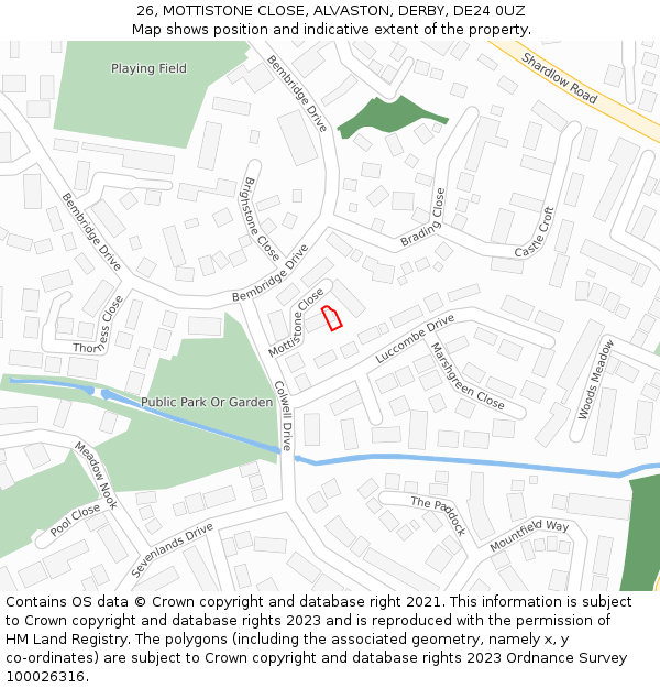 26, MOTTISTONE CLOSE, ALVASTON, DERBY, DE24 0UZ: Location map and indicative extent of plot