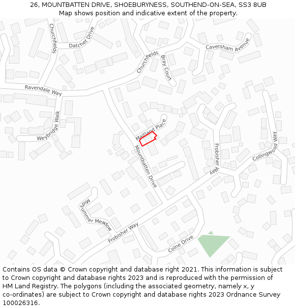 26, MOUNTBATTEN DRIVE, SHOEBURYNESS, SOUTHEND-ON-SEA, SS3 8UB: Location map and indicative extent of plot