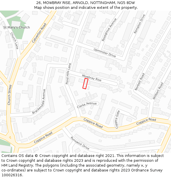 26, MOWBRAY RISE, ARNOLD, NOTTINGHAM, NG5 8DW: Location map and indicative extent of plot