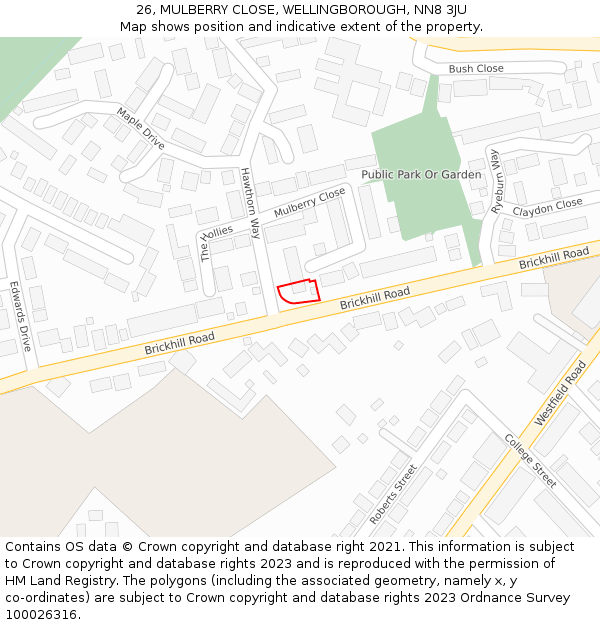 26, MULBERRY CLOSE, WELLINGBOROUGH, NN8 3JU: Location map and indicative extent of plot