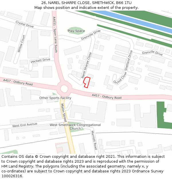 26, NAREL SHARPE CLOSE, SMETHWICK, B66 1TU: Location map and indicative extent of plot