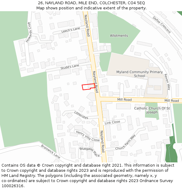 26, NAYLAND ROAD, MILE END, COLCHESTER, CO4 5EQ: Location map and indicative extent of plot