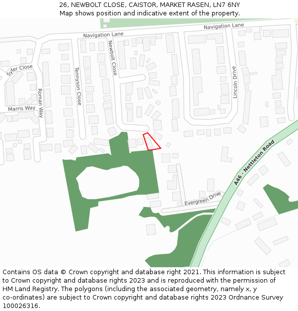 26, NEWBOLT CLOSE, CAISTOR, MARKET RASEN, LN7 6NY: Location map and indicative extent of plot