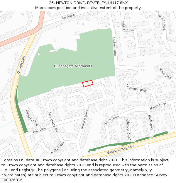 26, NEWTON DRIVE, BEVERLEY, HU17 8NX: Location map and indicative extent of plot