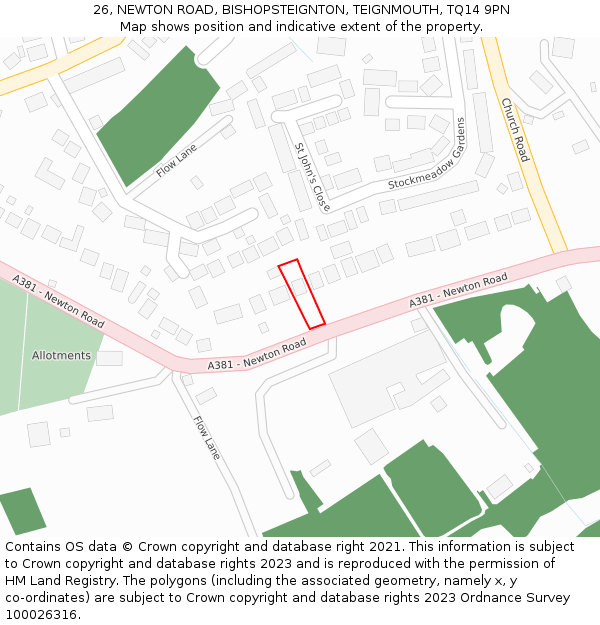 26, NEWTON ROAD, BISHOPSTEIGNTON, TEIGNMOUTH, TQ14 9PN: Location map and indicative extent of plot