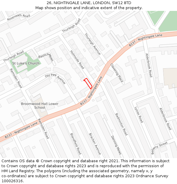 26, NIGHTINGALE LANE, LONDON, SW12 8TD: Location map and indicative extent of plot