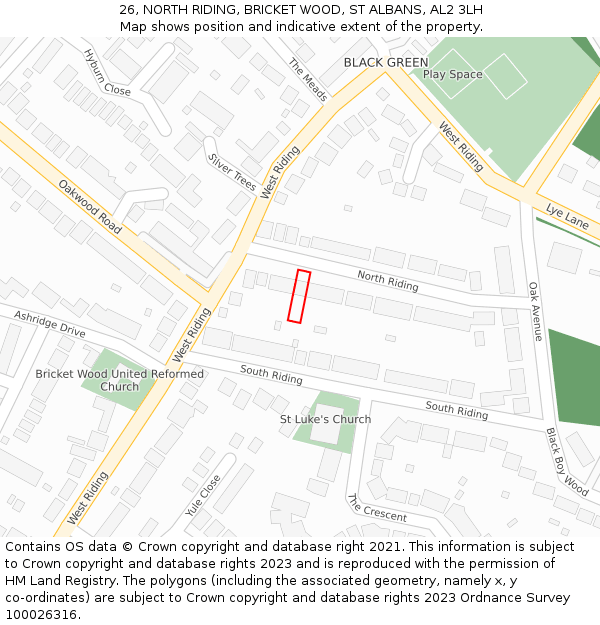 26, NORTH RIDING, BRICKET WOOD, ST ALBANS, AL2 3LH: Location map and indicative extent of plot