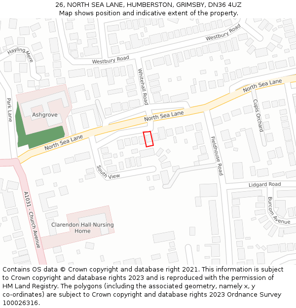 26, NORTH SEA LANE, HUMBERSTON, GRIMSBY, DN36 4UZ: Location map and indicative extent of plot