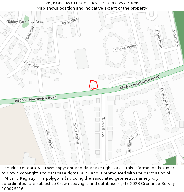 26, NORTHWICH ROAD, KNUTSFORD, WA16 0AN: Location map and indicative extent of plot