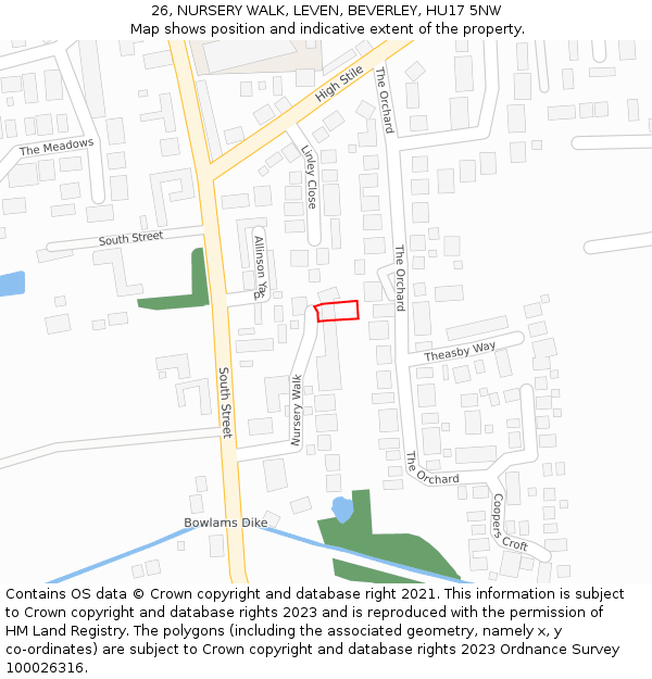 26, NURSERY WALK, LEVEN, BEVERLEY, HU17 5NW: Location map and indicative extent of plot