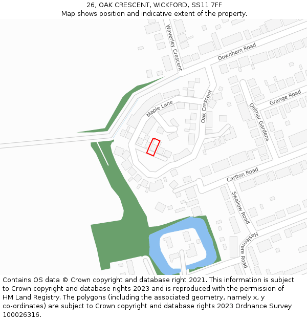 26, OAK CRESCENT, WICKFORD, SS11 7FF: Location map and indicative extent of plot
