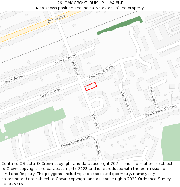 26, OAK GROVE, RUISLIP, HA4 8UF: Location map and indicative extent of plot