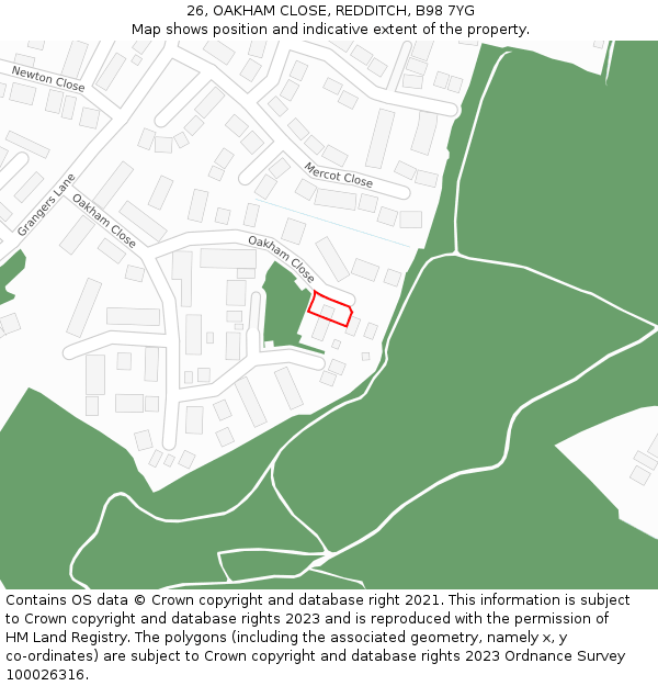 26, OAKHAM CLOSE, REDDITCH, B98 7YG: Location map and indicative extent of plot