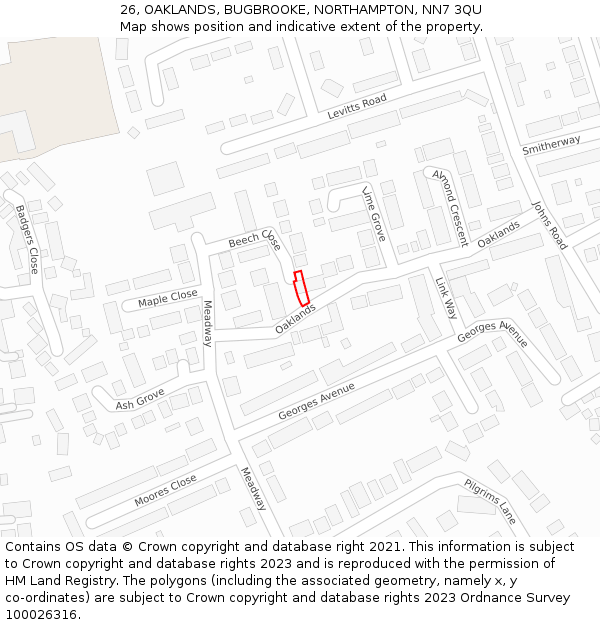 26, OAKLANDS, BUGBROOKE, NORTHAMPTON, NN7 3QU: Location map and indicative extent of plot