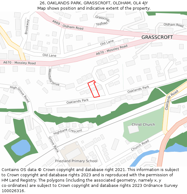 26, OAKLANDS PARK, GRASSCROFT, OLDHAM, OL4 4JY: Location map and indicative extent of plot