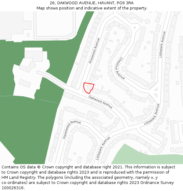 26, OAKWOOD AVENUE, HAVANT, PO9 3RA: Location map and indicative extent of plot