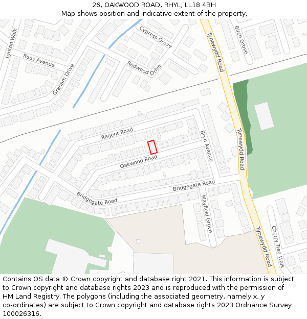 26, OAKWOOD ROAD, RHYL, LL18 4BH: Location map and indicative extent of plot